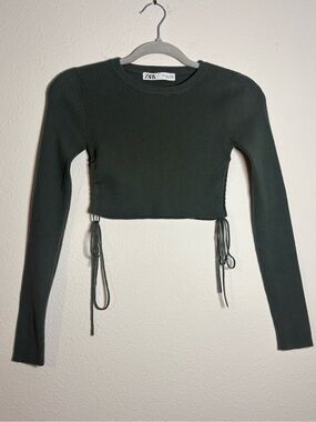 Zara Dark Olive Ribbed Long Sleeve Crop Top with Side Ties